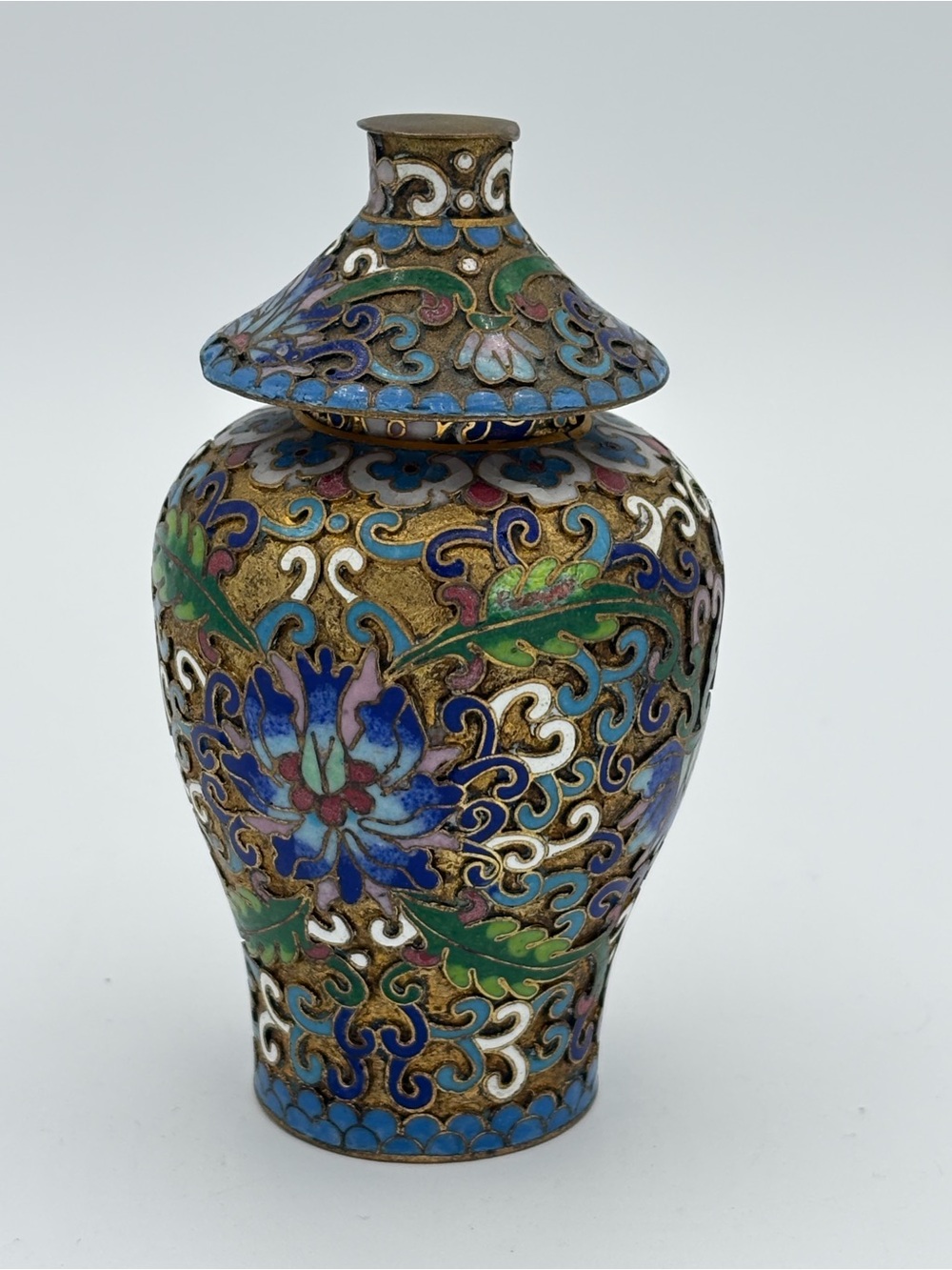 Vintage Cloisonné Enamel Brass Lidded Ginger Jar Floral Urn 4.25”